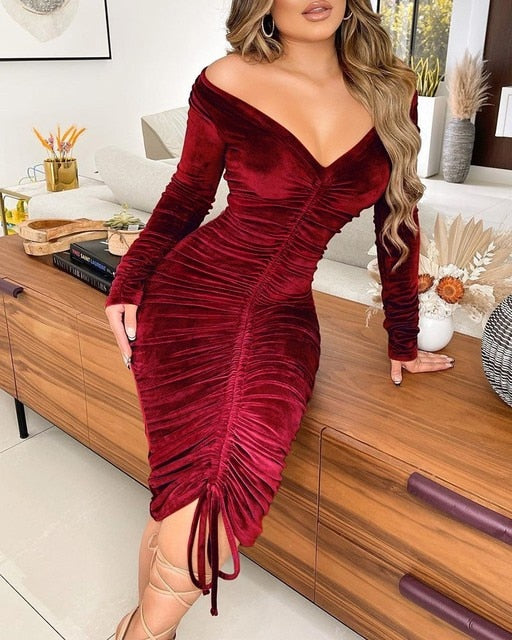 CM.YAYA™ Velvet Drawstring Off Shoulder Midi Dress