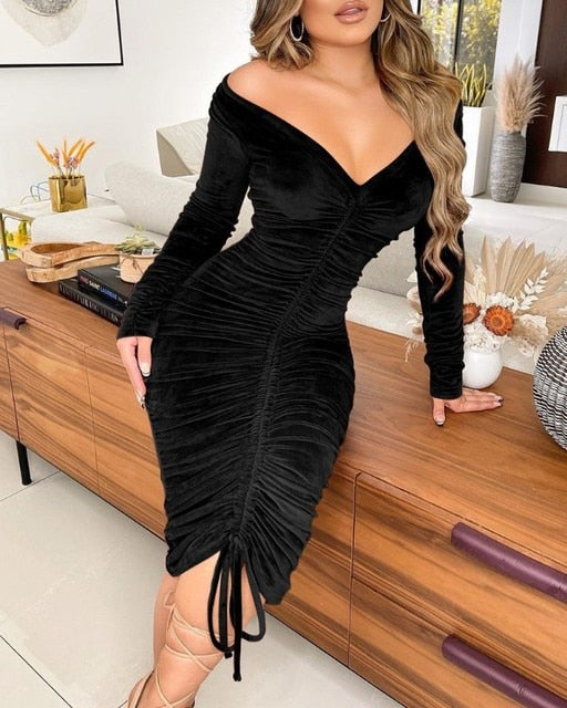 CM.YAYA™ Velvet Drawstring Off Shoulder Midi Dress