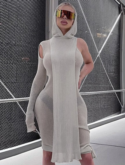 O.NIGHT™ Tight Hooded Single Sleeve See-Through Knit Dress