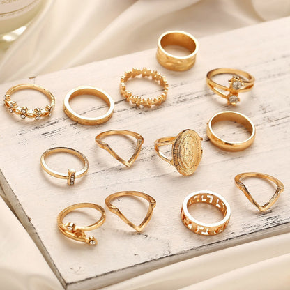 13pcs 18K Gold Plated Austrian Crystals Medallion Ring Set