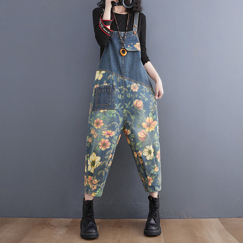 O.NIGHT™ Vintage Print Patchwork Floral Denim Jumpsuit