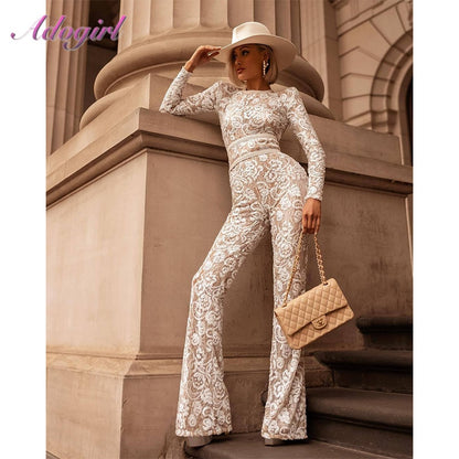 ADOGIRL™ Lace Patchwork Hollow Out Night Club Jumpsuit