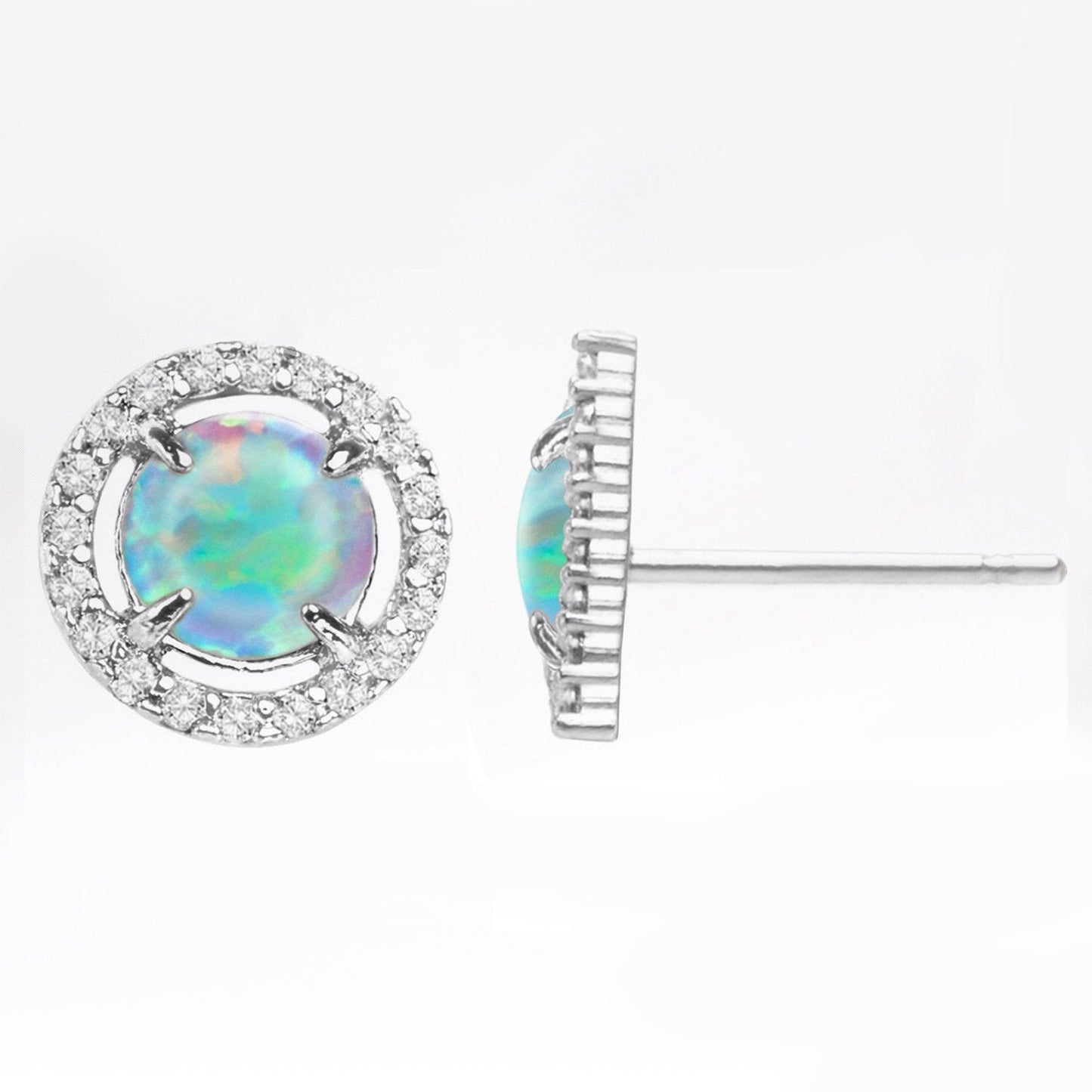 2.50ct Opal Created 18K White Gold Plated Round Halo Stud Earring