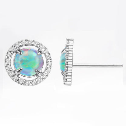 2.50ct Opal Created 18K White Gold Plated Round Halo Stud Earring