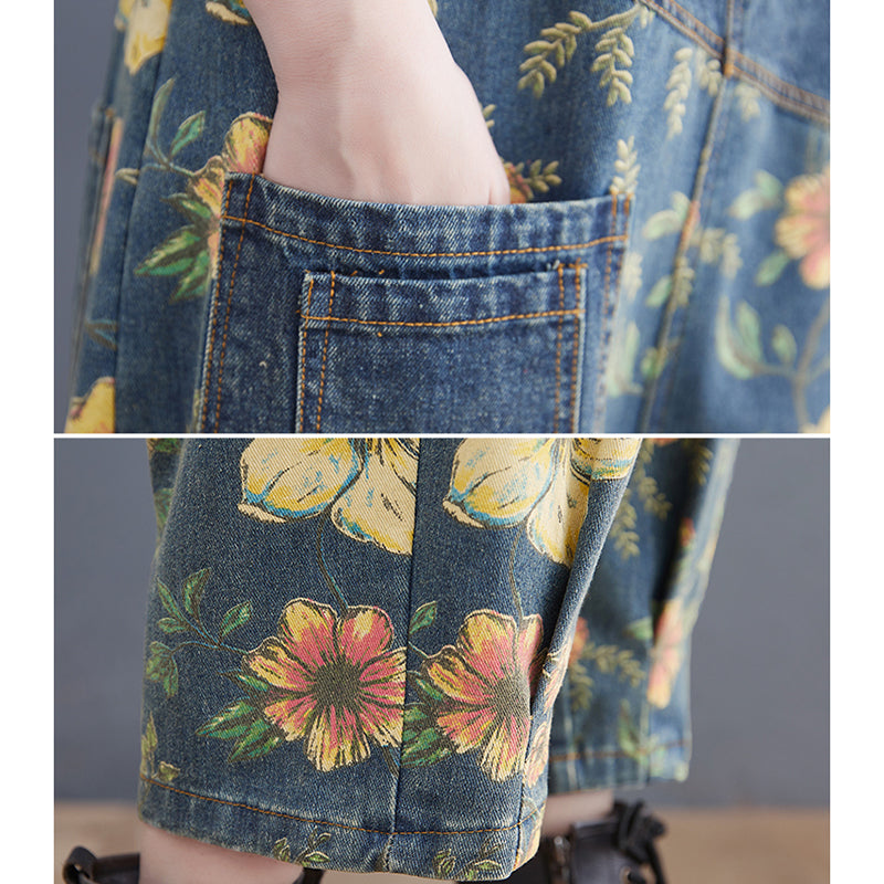 O.NIGHT™ Vintage Print Patchwork Floral Denim Jumpsuit