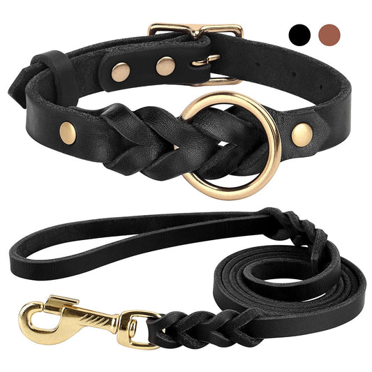 Real Leather Collar and Leash Set