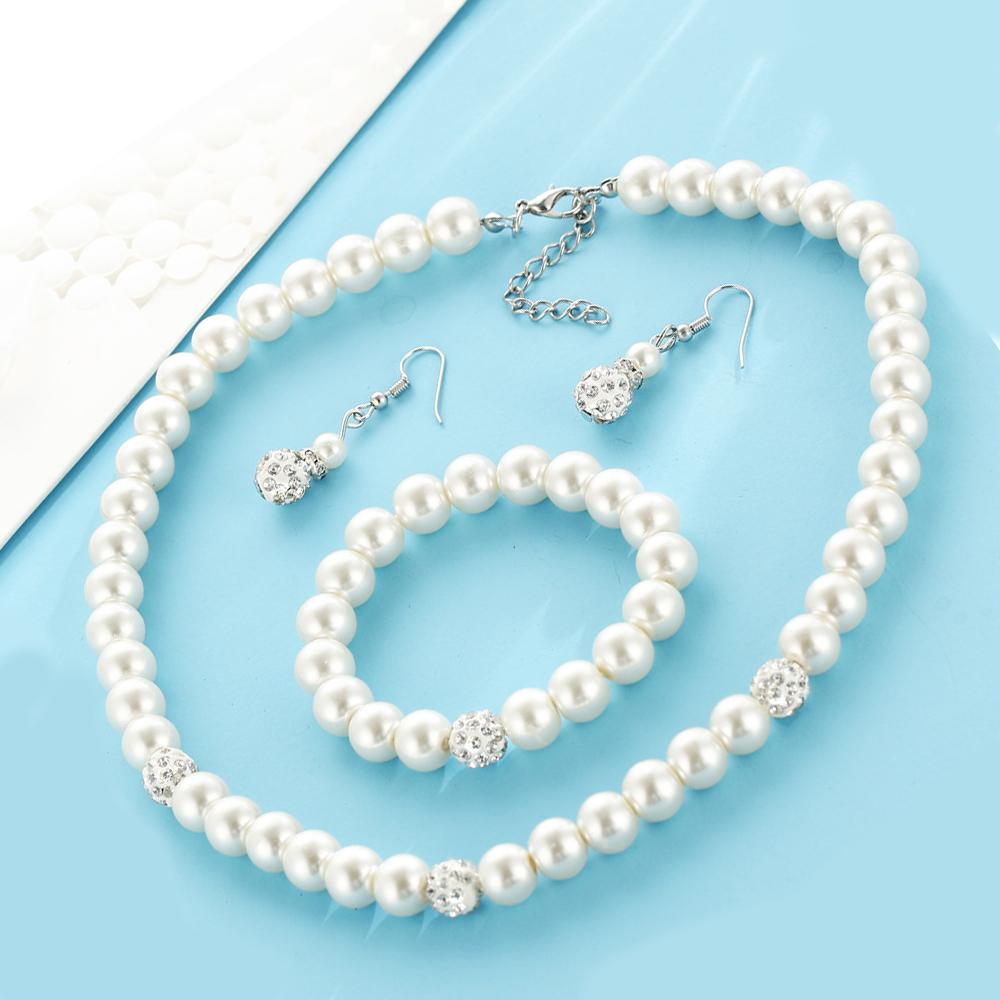 3pcs 18K White Gold Plated Pearl and Crystal Shamballa Jewelry Set