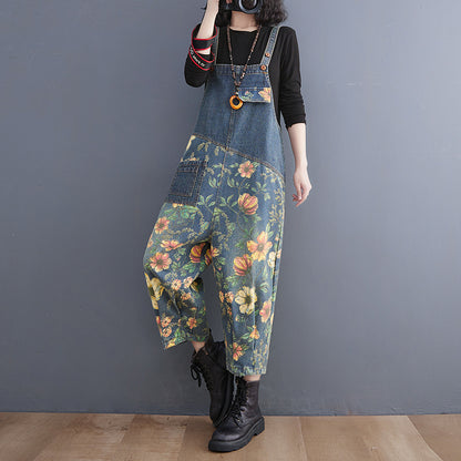 O.NIGHT™ Vintage Print Patchwork Floral Denim Jumpsuit