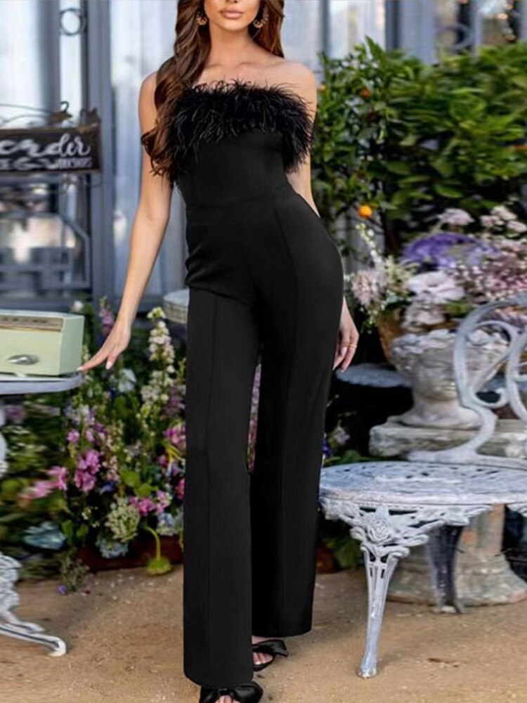 O.NIGHT™ Women Sequined Feather-paneled Jumpsuit