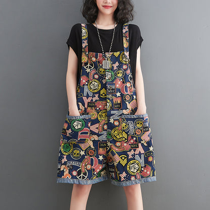 O.NIGHT™ Vintage Print Strap Denim Brace Romper