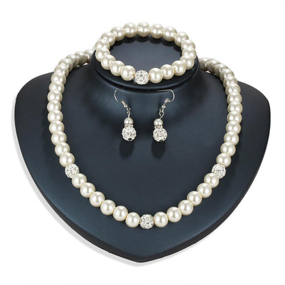 3pcs 18K White Gold Plated Pearl and Crystal Shamballa Jewelry Set