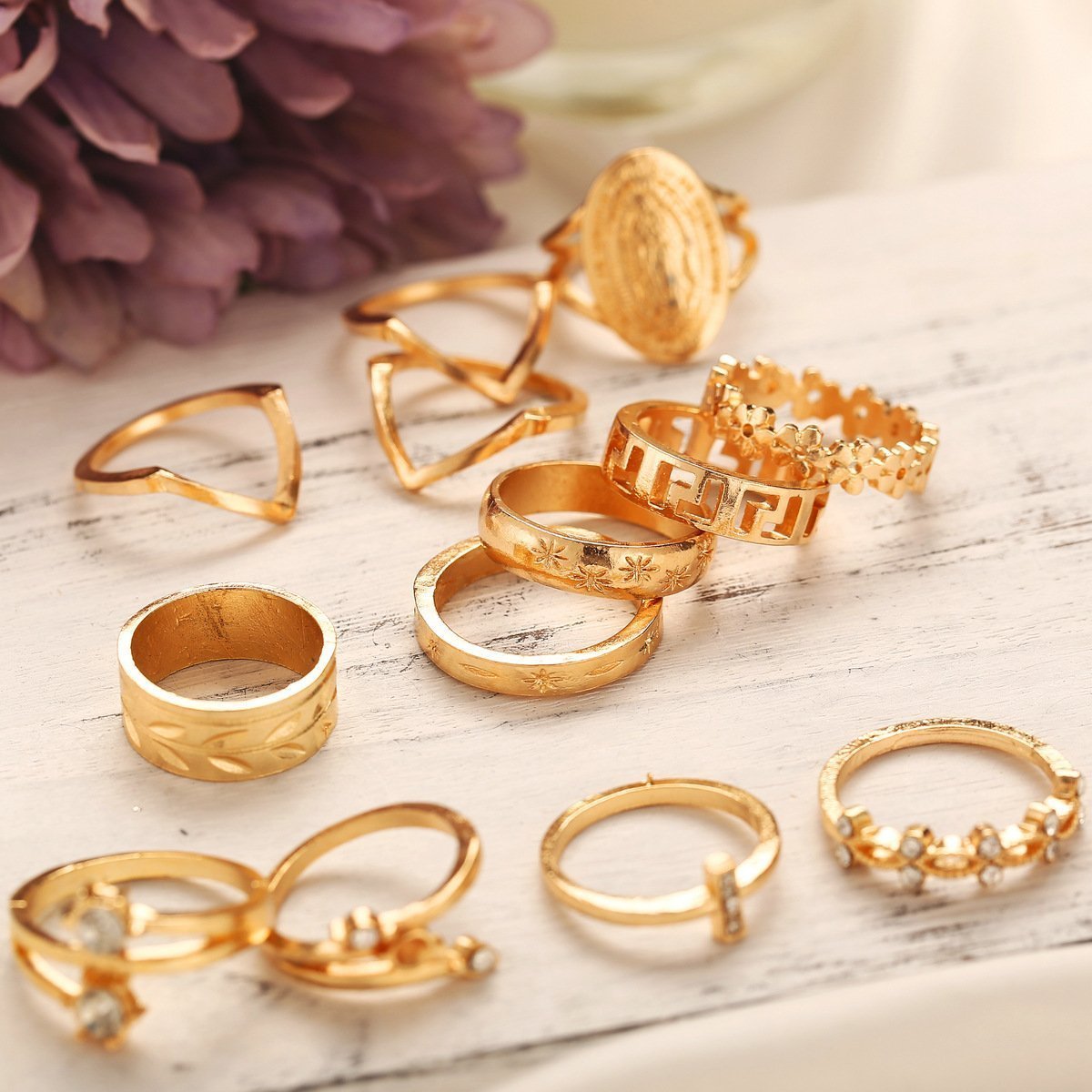 13pcs 18K Gold Plated Austrian Crystals Medallion Ring Set