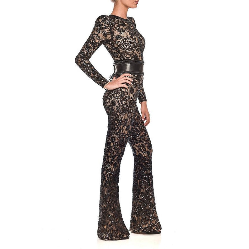 ADOGIRL™ Lace Patchwork Hollow Out Night Club Jumpsuit