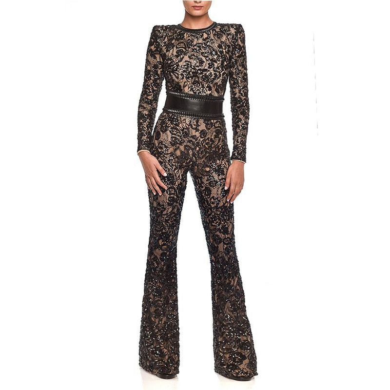 ADOGIRL™ Lace Patchwork Hollow Out Night Club Jumpsuit