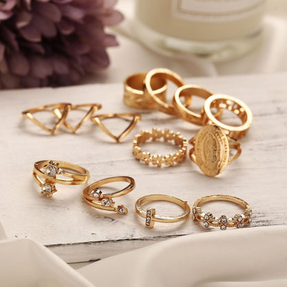 13pcs 18K Gold Plated Austrian Crystals Medallion Ring Set