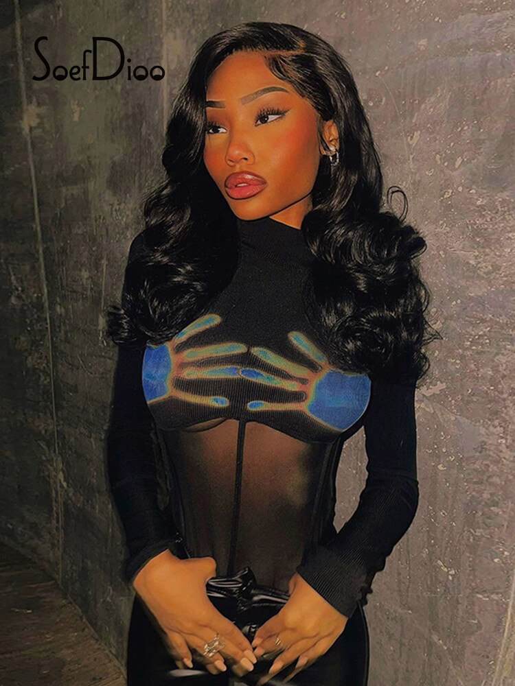 S.DIOO™ See-Through Black Long Sleeve Bodysuit