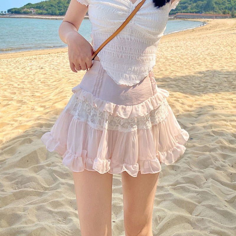 O.NIGHT™ Mori Sweet Pink Ruffle Skirt