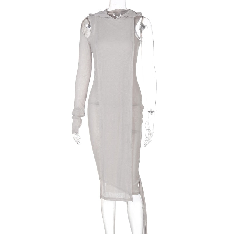 O.NIGHT™ Tight Hooded Single Sleeve See-Through Knit Dress