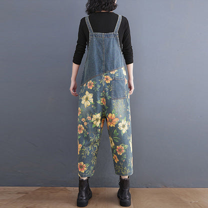 O.NIGHT™ Vintage Print Patchwork Floral Denim Jumpsuit