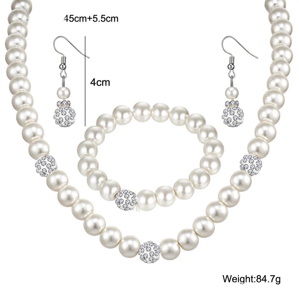 3pcs 18K White Gold Plated Pearl and Crystal Shamballa Jewelry Set