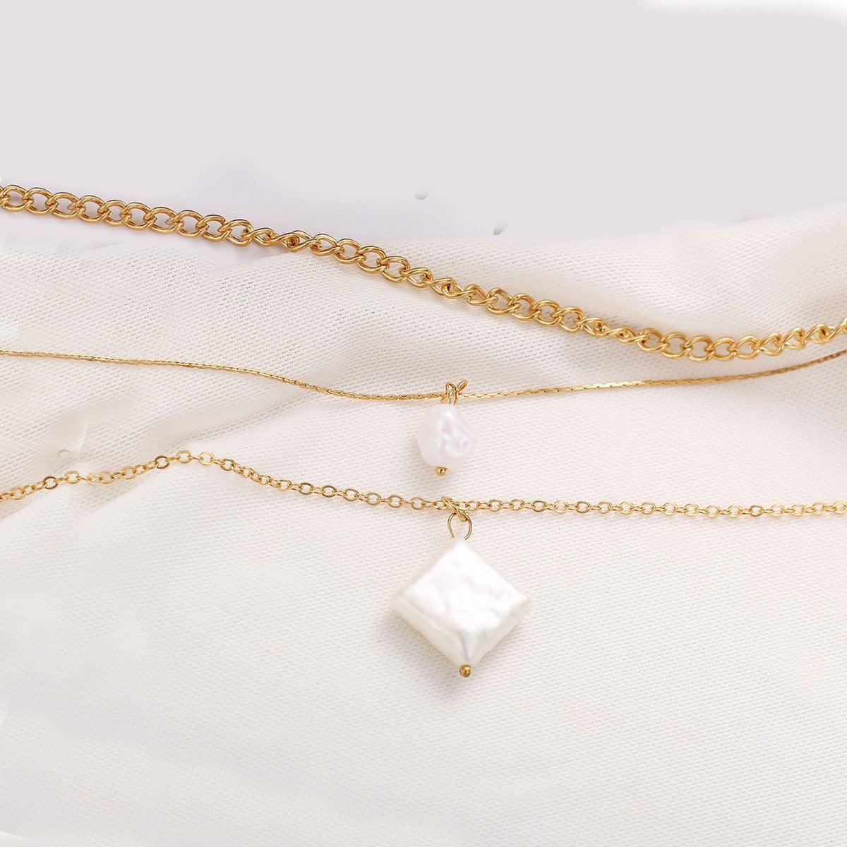 18K Gold Plated 3pcs Pearl Linear Chain Necklace