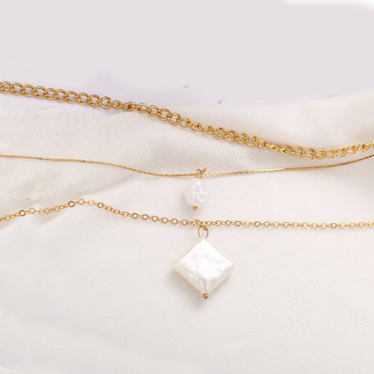 18K Gold Plated 3pcs Pearl Linear Chain Necklace