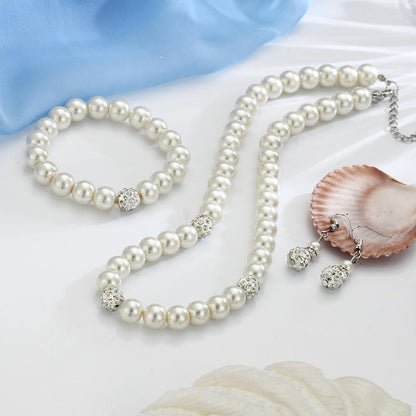 3pcs 18K White Gold Plated Pearl and Crystal Shamballa Jewelry Set