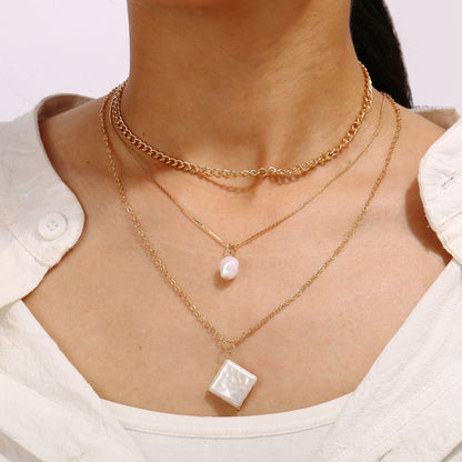 18K Gold Plated 3pcs Pearl Linear Chain Necklace